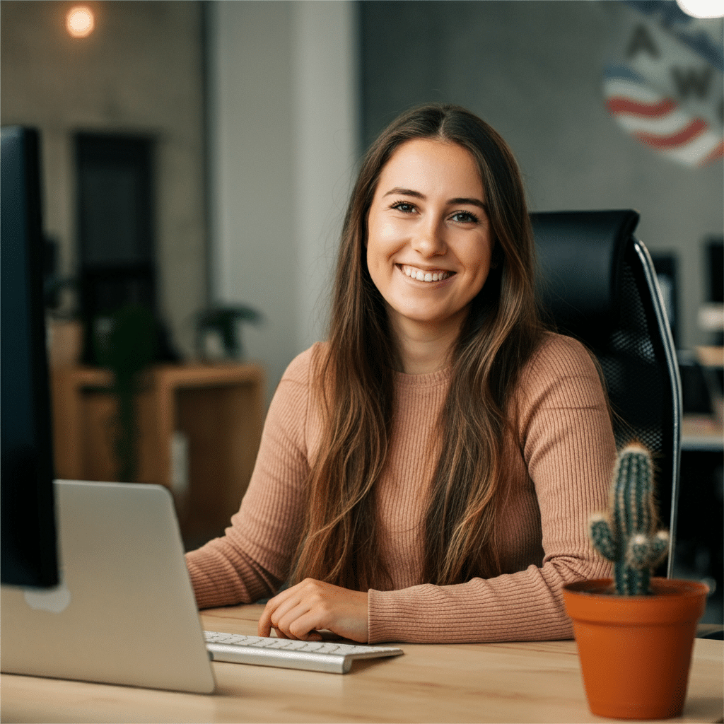 Smiling office worker sitting at a desk with a laptop and a potted cactus