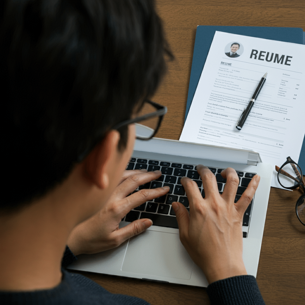 A person typing on a laptop with a printed resume and a pen placed next to it on the desk.