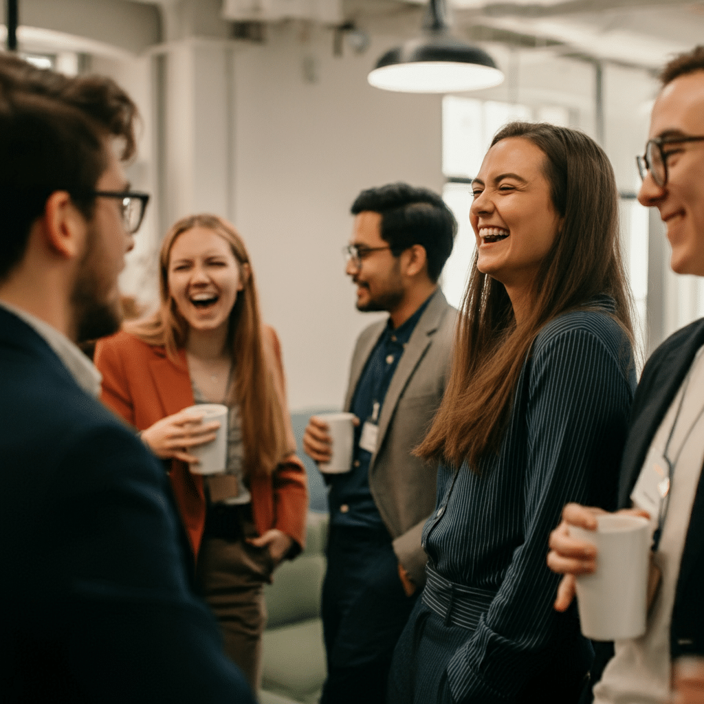 Young professionals laughing and chatting during a break at the office, holding coffee cups.