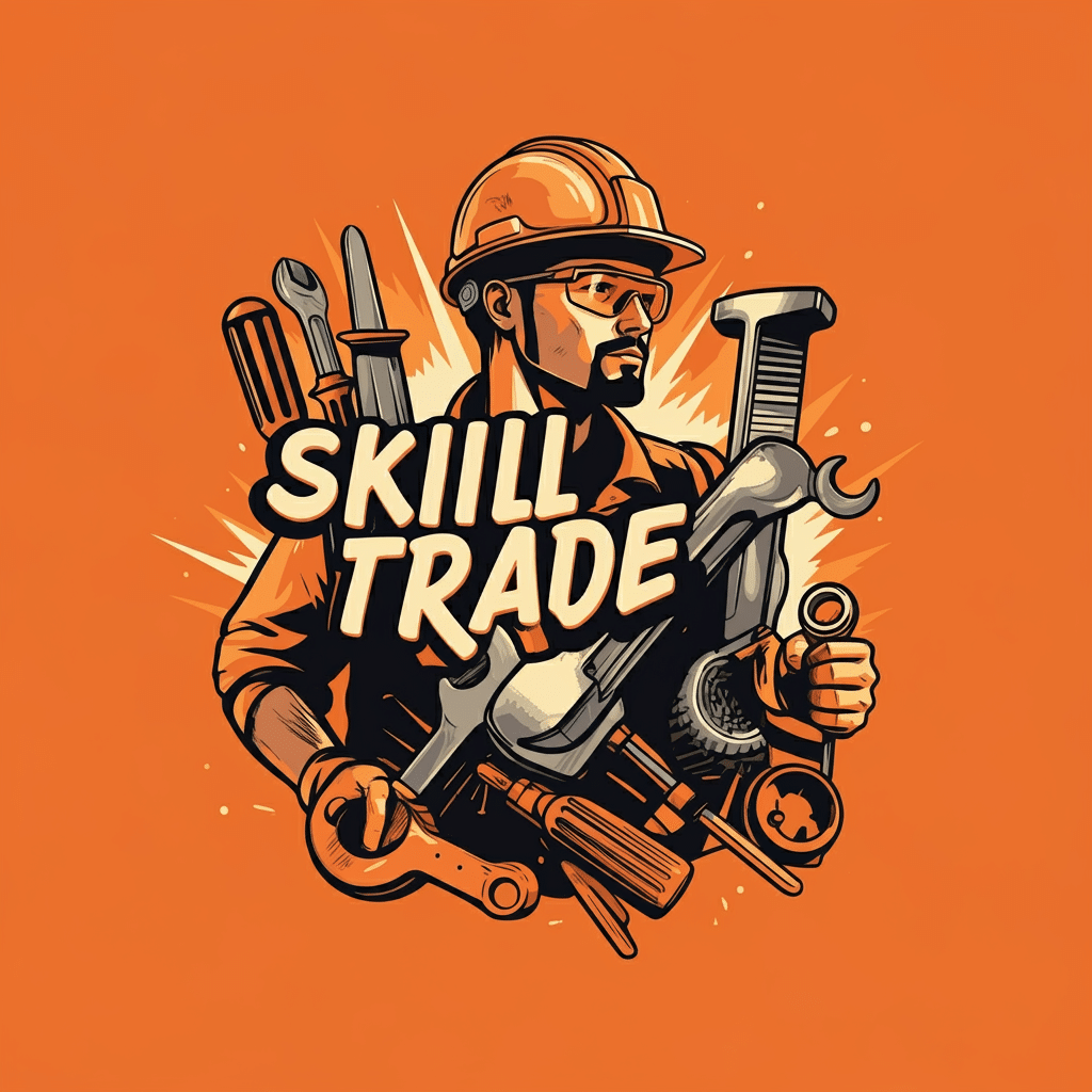 Illustration of a skilled tradesperson surrounded by various tools, with the text 'Skill Trade' prominently displayed.