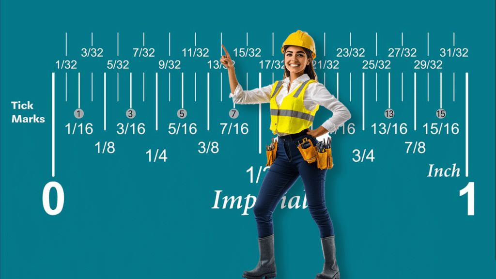 A woman wearing a hard hat and high-visibility vest, pointing at an imperial ruler diagram with detailed fractional measurements, demonstrating inch and fraction breakdowns