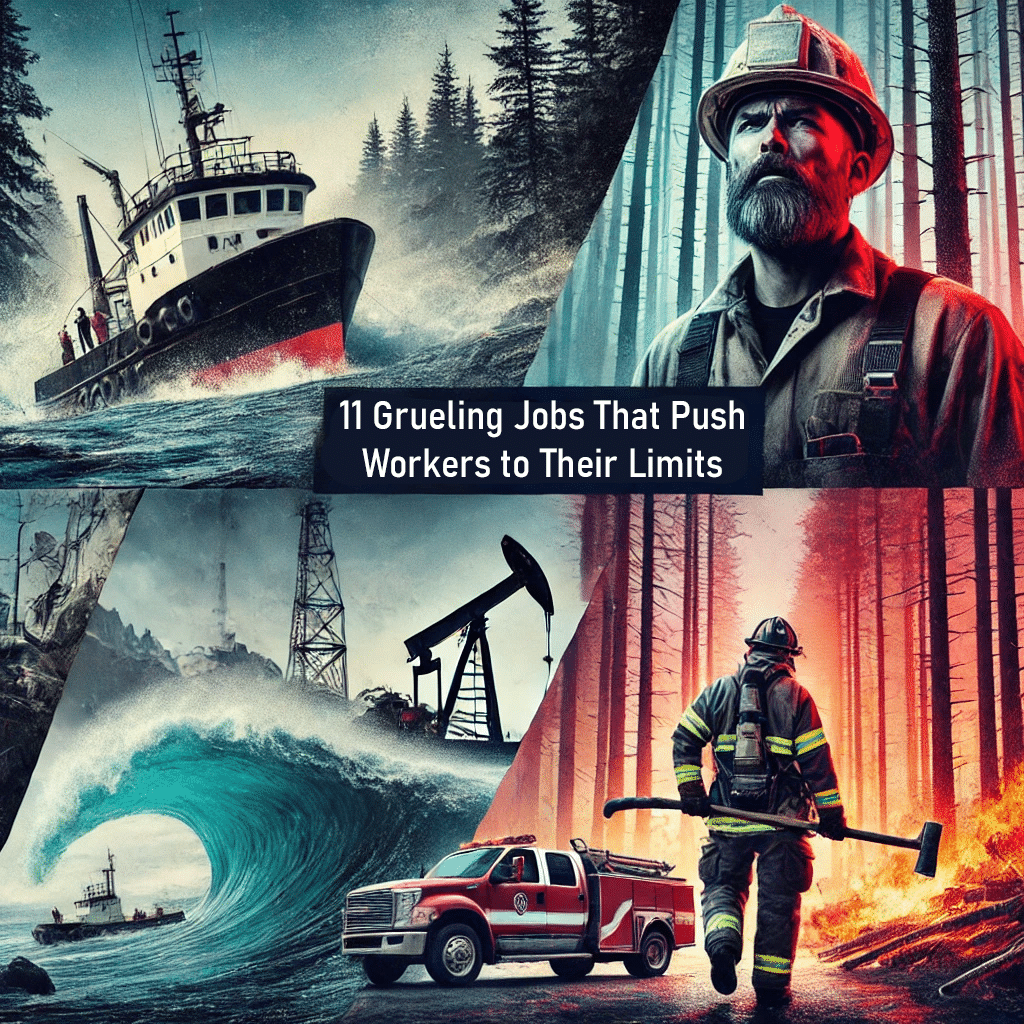 Collage depicting grueling jobs, including a commercial fishing boat in rough seas, an oil rig, a logger in a forest, and a firefighter battling flames. Text overlay reads '11 Grueling Jobs That Push Workers to Their Limits